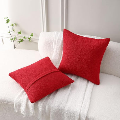 FUTEI Christmas Pack of 2 Red Decorative Throw Pillow Covers 26x26 Inch Soft Cozy Solid Boucle Textured Euro Pillow Shams,Modern Home Decor for Couch Bed Living Room