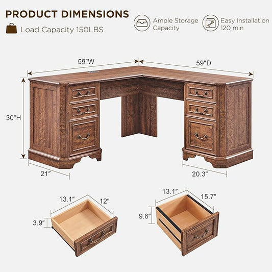 T4TREAM L Shaped Desk with Drawers,59" Farmhouse Wood Home Office Executive Desk,Charging Station,File Drawer, Storage Cabinet,Computer Desk for Work and Study (Reclaimed Barnwood)