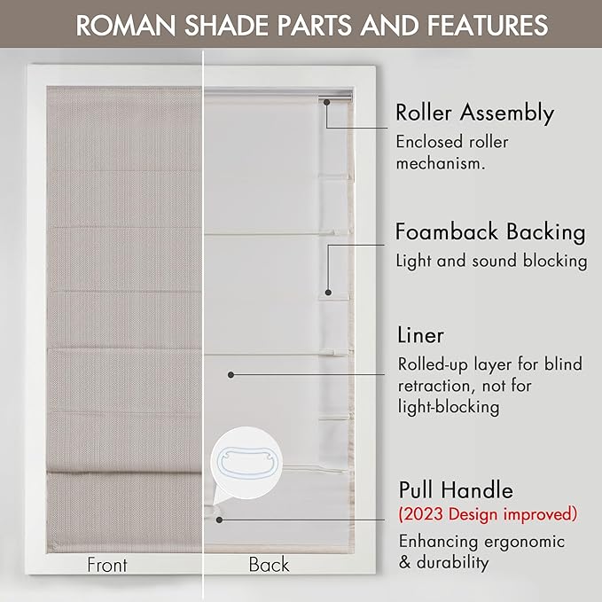 Madison Park Galen Cordless Roman Shade, 27"W x 64"H, Sheen Taupe – Room Darkening, Thermal Insulated, Energy Efficient Window Blind with Subtle Sheen Basketweave Fabric for Privacy