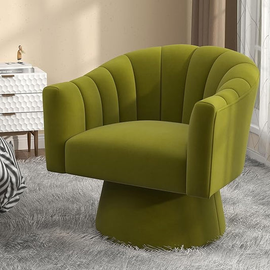 Swivel Accent Chair,Upholstered Velvet 360° Swivel Barrel Chair for Living Room Overstuffed Bouncle Reading Chair Round Armchair for Bedroom,Vanity,Office(Grass-Green)