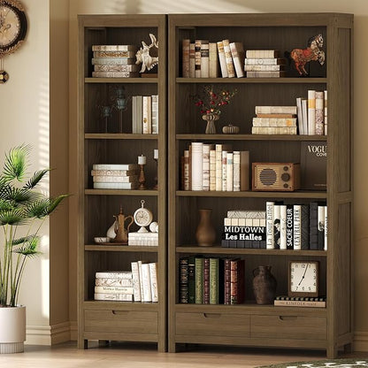 TVU 5-Tier Solid Wood Bookshelf with 2 Drawers, 72-inch Tall Standing Bookcase, 17.7" Wide Open Display Shelf for Living Room, Study, Office Storage, Deep Wood Color (72" H × 32.3" W × 11.8" D)