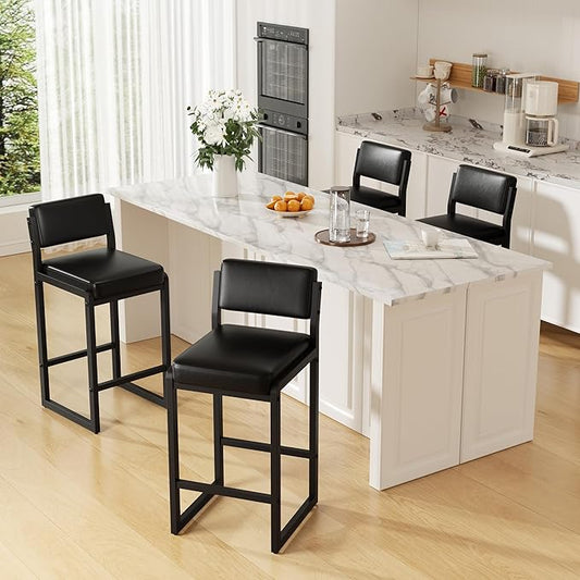 Bar Stools, Faux Leather Counter Height Bar Stools with High Back and Metal Legs, Upholstered Bar Chairs, 26" Modern Barstools for Kitchen Island, Black