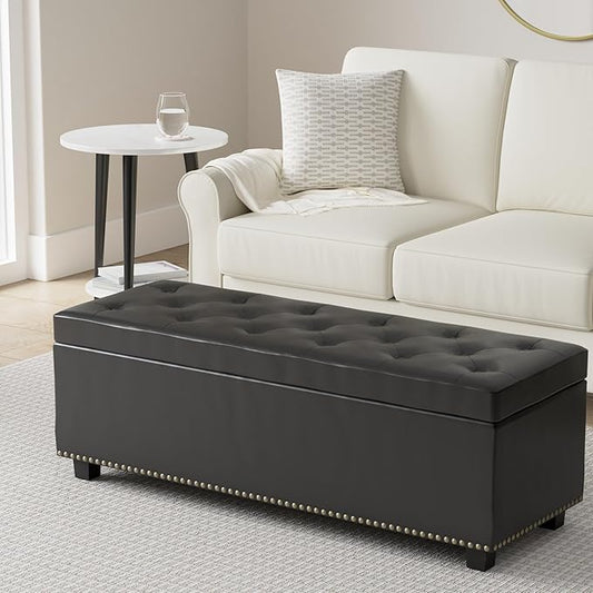 SIMPLIHOME Hamilton 48 inch Wide Transitional Rectangle Storage Ottoman in Midnight Black Vegan Faux Leather, Assembled, For the Living Room, Entryway and Family Room