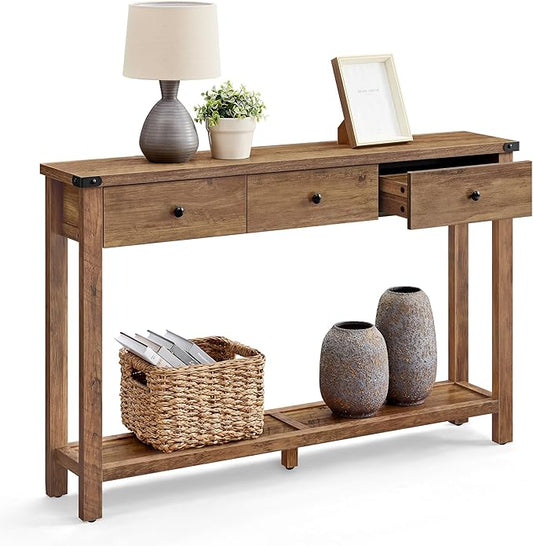 VASAGLE Console Table, Sofa Table, Narrow Entryway Table, Entry Table with 3 Drawers, Open Storage Shelf, Metal Corners, for Living Room, Farmhouse Style, Honey Brown ULNT142KB02S