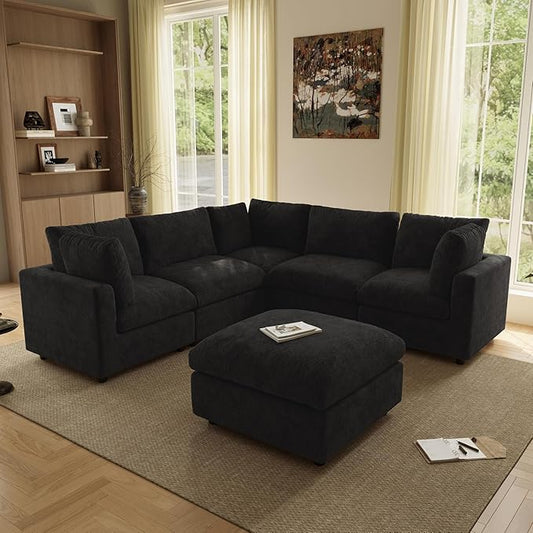 WJShome Modern V Shaped Sectional Couches for Living Room,100 Inch 5-Seater Chenille Deep Seat Modular Sofa with Ottoman, Cloud Couch for Bedroom and Apartment，Black