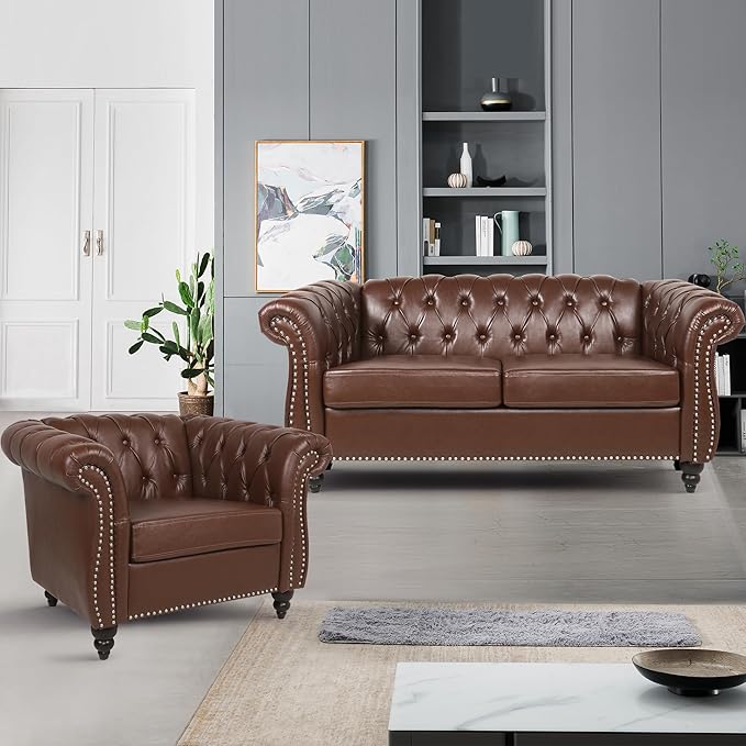 Accent Sofa Chair for Living Room, Modern PU Leather Upholstered Armchair, Oversized Comfy Single Sofa Chair with Cushion, Mid Century Tufted Chesterfield Sofa Couch for Bedroom, Apartment (Brown)