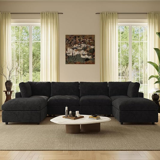 WJShome U Shaped Sectional Couch 134 Inch 4-Seater Modern Modular Sofa with 2 Ottoman,Chenille Deep Seat Couches for Living Room, Bedroom and Apartment，Black