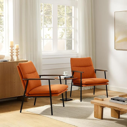 Art Leon Accent Chairs Set of 2-Mid Century Modern Accent Chairs Fabric Reading Bedroom Chair Armchair Wooden Arms Metal Frame Living Room Chair for Bedroom, Caramel