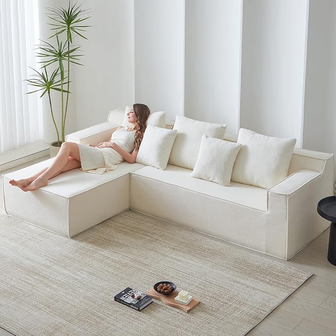 Boneless Couch Sectional, Comfy Memory Foam Sofa in a Box, Modern Cloud Couch with 5 Headrests, Comfy L-Shape Sofa for Living Room (White, Velvet)