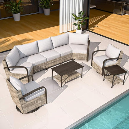 COOS BAY Aurora Terrace Half-Moon Outdoor Furniture Set, Rattan Conversation Set with Swivel Rockers, Curved 5-Seat Sofa, Coffee Table & Side Table, Seats 7, Beige/Beige