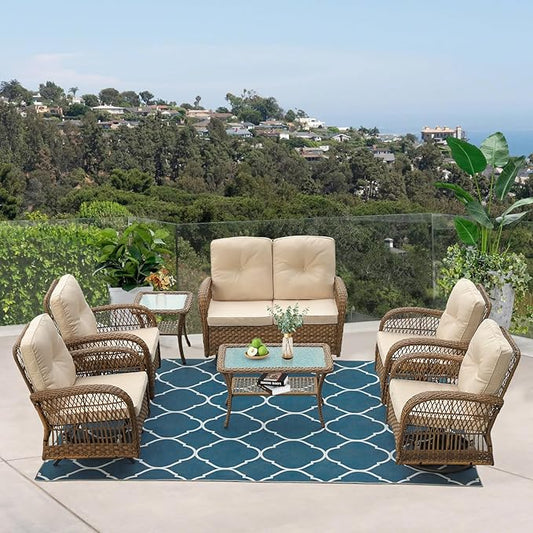 VIVIJASON 7-Piece Outdoor Patio Wicker Conversation Sets, All Weather Outdoor Rattan Furniture Set Includes Glider Loveseat, 2 Glider Rocker Chairs, 2 Swivel-Gliders Chairs, 2 Coffee Table Light Brown