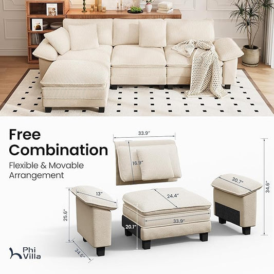 PHI VILLA Cloud Modular Couch Sets, 123.6" Sectional Sofa with L-Shaped Chaise Ottoman, 4-Seater Couches with Upholstered Deep Seat for Living Room, Chenille Corduroy Dual Fabric, Beige