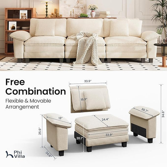 PHI VILLA Cloud Modular Couches Sets, 123.6" Long Sectional Sofa with Upholstered Deep Seat, 3-Seater Couch for Living Room Small Spaces, Chenille Corduroy Dual Fabric, Beige
