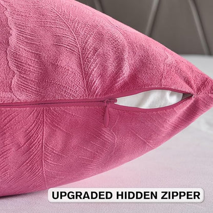FUTEI Hot Pink Velvet Throw Pillow Covers 26x26 Inch Set of 2,Soft Embossed Leaf-Relief Textured Euro Pillow Shams,Natural Home Decor for Couch Living Room