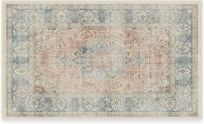 RUGGABLE Washable Vintage Area Rug – Sarrah Coral 3x5, Stain-Resistant, Non-Slip – Small Machine Washable Rugs for Living Room, Bedroom, Hallway, Entryway & Office–with Standard Pad