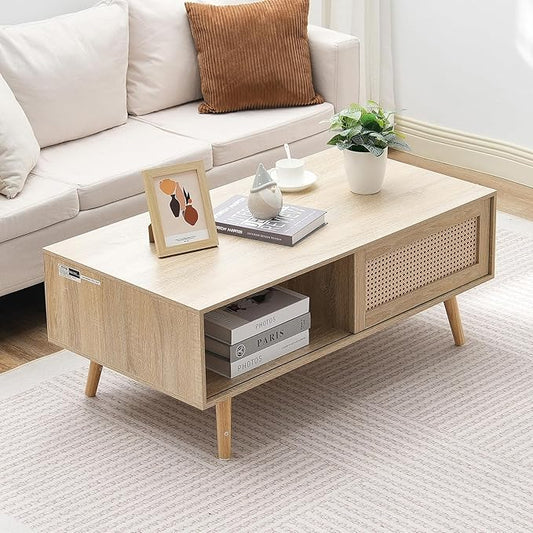 VEVOR Rattan Coffee Table, Mid Century Modern Table, Rectangle Wood Table, 42 Inch Modern Boho Style Two Layers Storage Coffee Table, for Living Room, Bedroom & Small Spaces