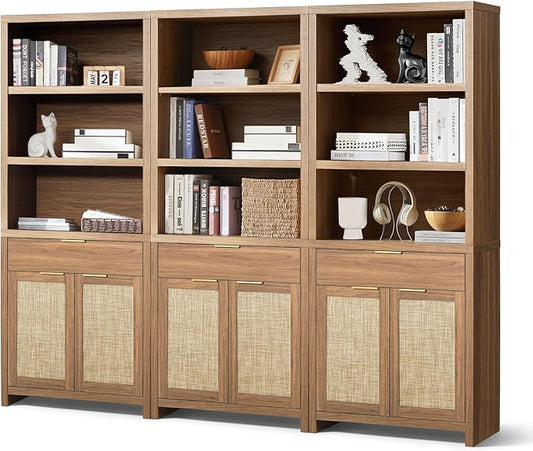 Hampstead Bookcase, Rattan Bookcase with Doors Cabinet and Drawer, 5-Tier Bookshelf, Large Wooden Book Case, Tall Bookshelves for Library Living Room (Weathered Oak, 3 Pieces)