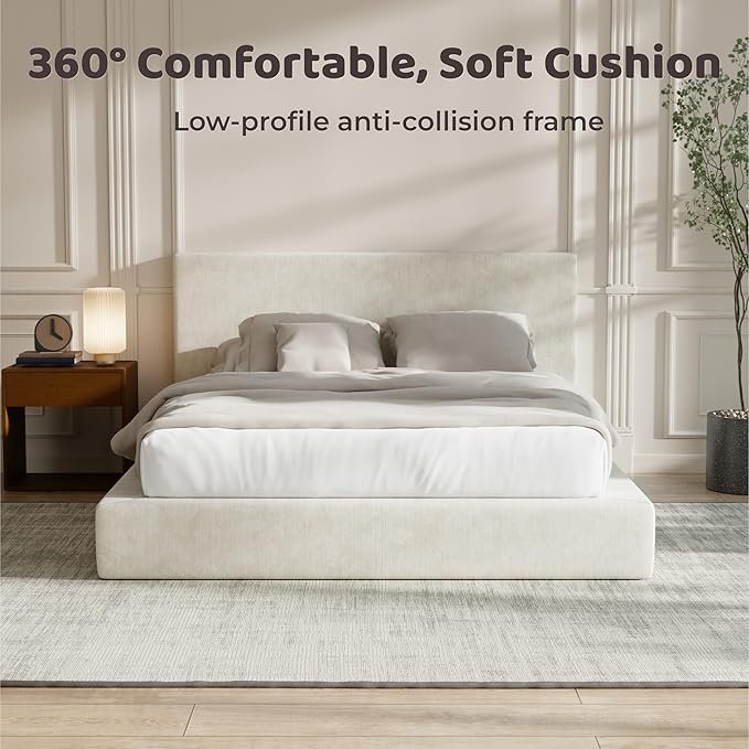 RECCI Cloud Upholstered Queen Bed Frame with Headboard, 5 Inch Foam Padded Platform, No Box Spring, Easy Assembly(Cream)