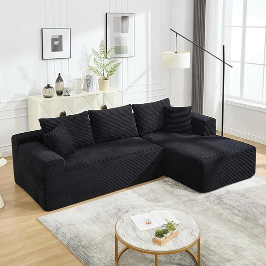 PELUMY 108.7" L-Shaped Modular Sectional Sofa with Oversized Chaise, Cloud Couch with Memory Foam, No Assembly Required Sleeper Sofa for Small Space Living Room, Apartment (Black, Corduroy)