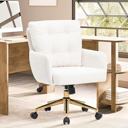 Plush Fabric Office Chair Vanity Chair Comfy Home Office Desk Chairs with Lumbar Support, Modern Plush Fabric Desk Gold Legs Swivel Task for Home Office Bedroom Study White Upgraded Version