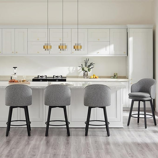 Counter Height Barstools 26 inch Upholstered Swivel Bar Stools with Back and Wood Legs for Kitchen Island,Set of 3,Dark Grey Fabric