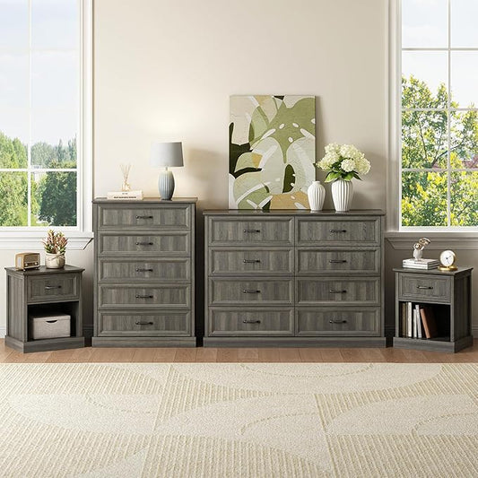 CARPETNAL Farmhouse Dresser and Nightstand Sets for Bedroom, 4 Pcs Bedroom Set, 5 Drawer & 8 Drawer Dresser and Nightstand Set of 2, Wood Chest of Drawers for Living Room, Entryway, Grey