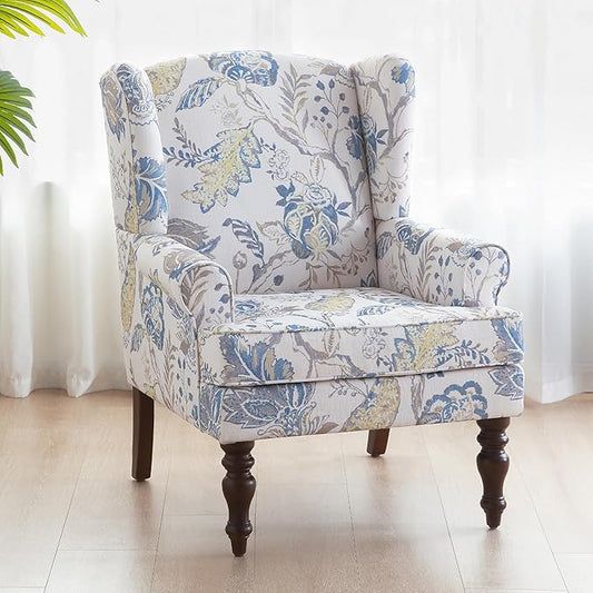 HUIMO Living Room Chair Upholstered High Back Armchair Retro Printed Wingback Chair in Linen for Bedroom & Study Comfy Accent Sofa Chair Reading Chair Holds 300lbs (Navy Blue) (1, Blue Floral)