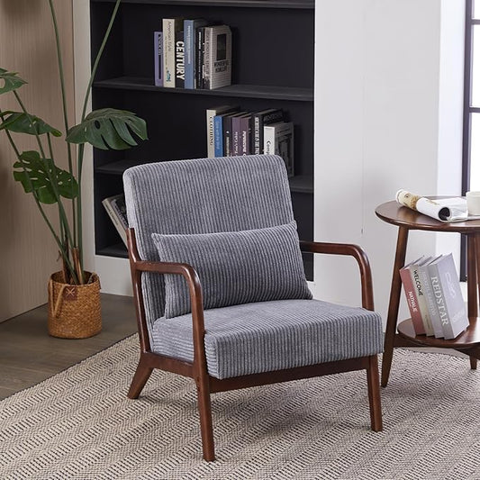 Accent Chairs, Mid-Century Modern Chair with Pillow, Armchair with Solid Wood, Reading Relaxing Leisure Chair for Living Room（Dark Grey/Walnut）