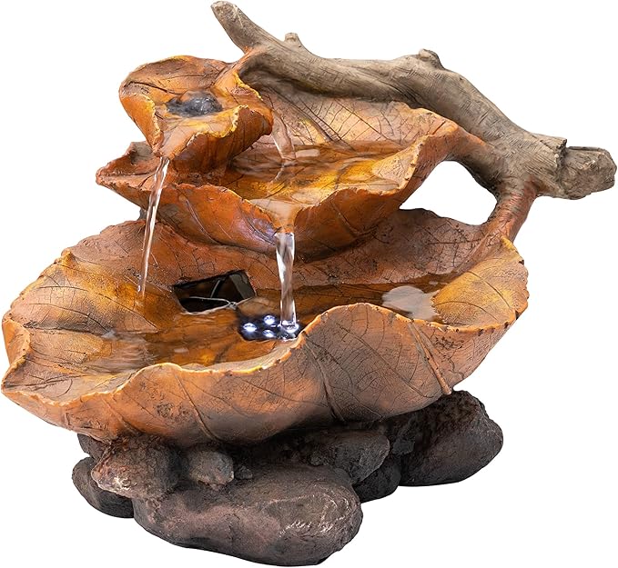 Alpine Corporation 9" Tall Indoor Tabletop Tiered Leaf Hand-Painted Fountain with LED Lights