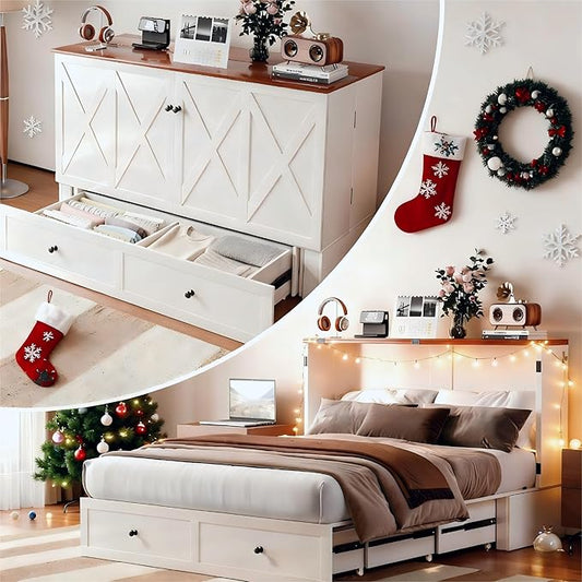 BALUS 63" W Queen Murphy Bed with Tri-Fold Mattress, Queen Size Murphy Cabinet Bed with 2 Storage Drawers & USB Charging Station, Chest Cabinet Beds for Bedroom Guest Room, White
