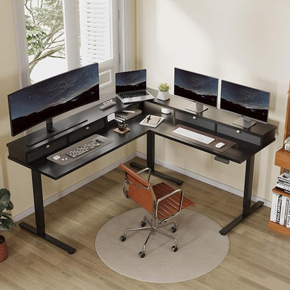 FLEXISPOT 71" Large L Shaped Standing Desk Electric Corner Table with Shelf, 4 Storage Drawers, Adjustable Computer Workstation for Home, Office, Game, Studio, Black Top + Black Frame