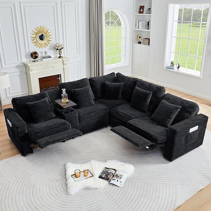 ORRD Power Reclining Sectional Sofa, Electric Loveseat Recliner with 2 Electric Footrest and Adjustable Headrest, Modern Plush Corduroy Fluffy Reclining Sectional with Deep Seat for Living Room-Black