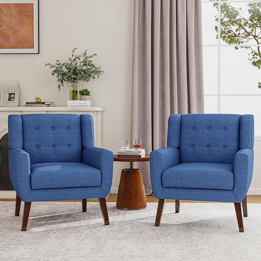 Accent Chairs Set of 2, Modern Fabric Armchairs for Living Room, Comfy Upholstered Arm Chairs Tufted for Indoor Bedroom Office Room (Blue)