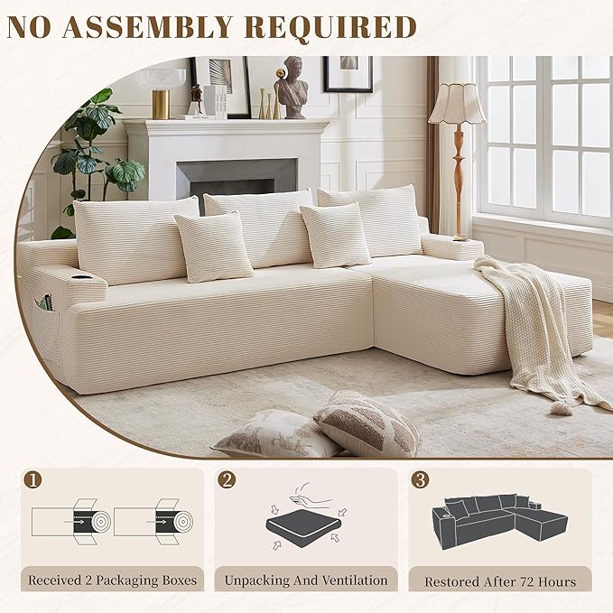 106" Cloud Sectional Couch, Modular Sectional Sofa with L-Shape Chaise, Corduroy Boneless Couch with Deep Seat, Upholstered Sofa for Living Room, No Assembly Required(Right-Facing Chaise, White)