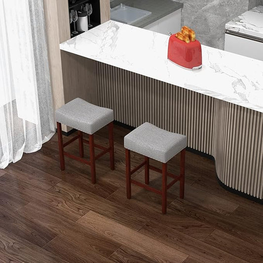 COSTWAY Counter Height Bar Stools Set of 2, 25-inch Backless Saddle Stools with Nailhead Trim, Rubber Wood Frame, Footrest, Max Load 330 Lbs, Upholstered Barstools for Kitchen Island Pub, Grey