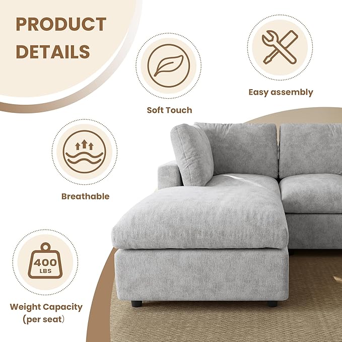 WJShome Modern Sectional Couches for Living Room,100 Inch 3-Seater Chenille Deep Seat Modular Sofa, Cloud Couch for Bedroom and Apartment，Gray
