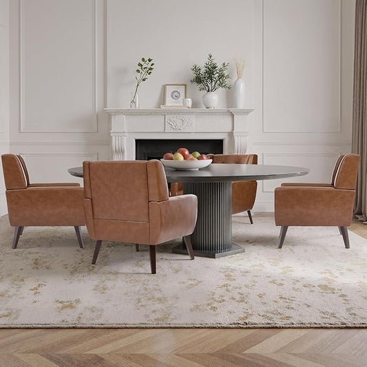 Faux Leather Accent Chairs Set of 4, Mid-Century Modern Upholstered Armchair, Comfy Living Room Chairs Reading Chairs with Button Tufted Back & Solid Wood Legs for Bedroom, Office, Coffee