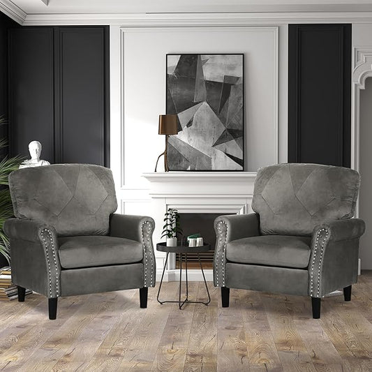 Accent Chairs for Living Room, Set of 2 Mid-Century Modern Upholstered Armchairs, Comfy Velvet Chair w/Wood Legs & Nailhead Trim, Wingback Chair for Bedroom, Grey
