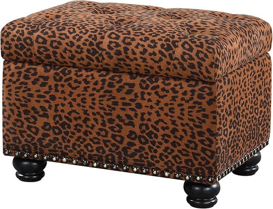 Convenience Concepts Designs4Comfort 5th Avenue Upholstered Storage Ottoman 24" - Contemporary Foot Stool and Seat with Hinged Lid for Living Room, Dining Room, Office, Forest Leopard Print Fabric