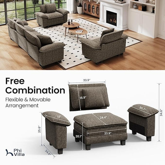 PHI VILLA Cloud Modular Couches Sets, 3 Pieces Large Sectional Sofa Set with Single Sofa, 5-Seater Upholstered Couch for Living Room, Chenille Fabric, Smoky Grey