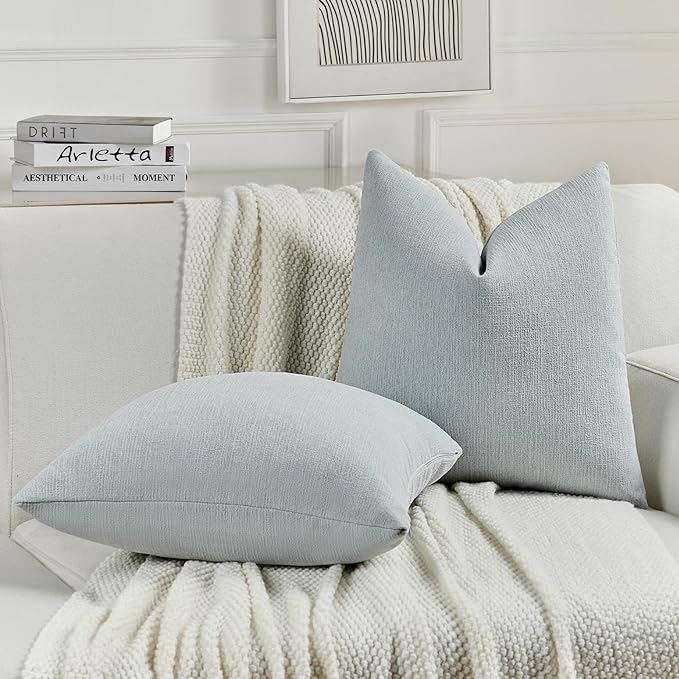 FUTEI Dusty Blue Chenille Decorative Throw Pillow Covers 12x20 Inch Set of 2,Soft Cozy Faux Linen Textured Lumbar Pillow Cases,Farmhouse Home Decor for Couch Living Room