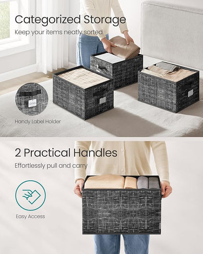 SONGMICS Storage Cubes, 15.7 x 11.8 x 9.5 Inches Non-Woven Fabric Bins with Double Handles, Set of 3, Closet Organizers for Shelves, Foldable, for Clothes, Ink Black UROB440B01