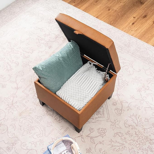 Asense 17 Inch Storage Ottoman Foot Rest,Square Faux Leather Foot Stool,Small Ottoman with Storage,Padded Seat for Entryway,Living Room,Bedroom,Couch,Under Desk,Cognac Brown