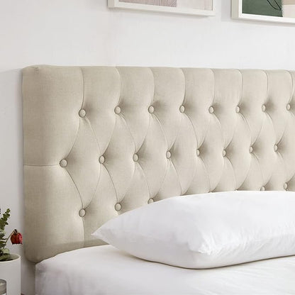 Kingfun Tufted Upholstered Full Size Bed Headboard in Modern Button Design, Adjustable Solid Wood Head Board, Premium Linen Fabric Padded Headboards in Bedroom (Beige)