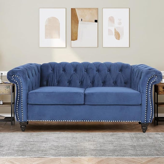 Velvet Loveseat Sofa, Mid Century Modern Upholstered Couch, 62" Oversized Comfy 2 Seater Love Seat Couch with Cushions, Tufted Chesterfield Sofa for Living Room, Bedroom, Apartment (Blue)