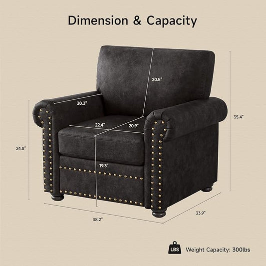 ONBRILL Nailhead Trim Accent Chair, Faux Leather Club Chair for Living Room, Comfy Armchair with Springs Cushions & Solid Wood Legs, Traditional Rolled Arms Single Sofa for Bedroom, Apartment, Black