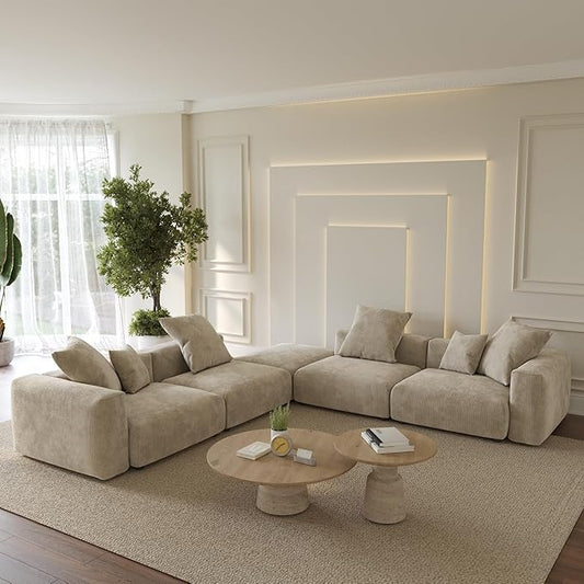 Oversized Modular Sectional Sofa with Ottomans,5 Seater Corduroy V Shaped Reversible Corner Couch,141.73" Convertible Sofa & Couch Free Combination for Living Rooom,Beige