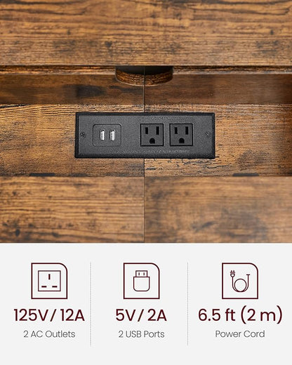 VASAGLE 55.1-Inch Console Table with Outlet and Shelves, Sofa Table with Charging Station, Behind Couch Table Skinny, Entryway Table for Hallway, Living Room, Rustic Brown and Ink Black ULNT120K01