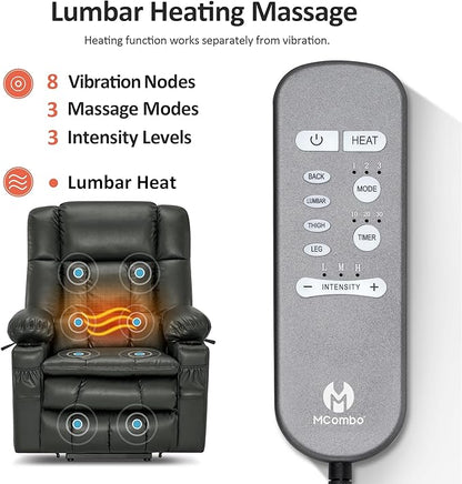 MCombo Dual Motor Large Power Lift Recliner Chair for Elderly, Lay Flat Lift Chair with Heat and Massage, Big Lift Recliner for Tall People, Faux Leather 7896 (Grey, Large)