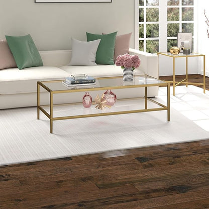Henn&Hart 54" Wide Rectangular Coffee Table with Glass Shelf in Antique Brass, Modern coffee tables for living room, studio apartment essentials